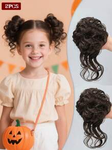2 PIEZAS Pieza de cabello ondulado rizado sintético para moño de niños, extensiones de cabello corto, adecuado para que los niños usen pelucas, rosquillas, moños de cabello, accesorios para el cabello de niñas y diademas