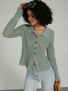 Se-Hore Mode Décontractée Cardigan Tricoté à Col Polo Manches Longues Ajouré, Polyvalent Pour Trajets Quotidiens/Rétro Américain/Loisirs Confortables, Automne