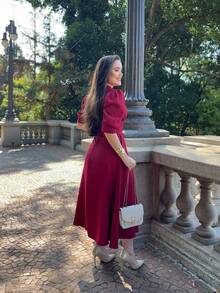 PLAIN MIDI DRESS Button WOMEN'S FASHION Daily - 酒紅色 - 查看 2
