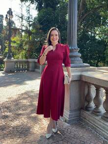 PLAIN MIDI DRESS Button WOMEN'S FASHION Daily - 酒紅色 - 查看 7