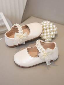 1 Pair Affordable Girls' New Fashion Elegant Minimalist Pearl Decor Bowknot Hook And Loop Floral Trim Soft Comfortable Wear Easy Grip Flat Princess Sandals, Suitable For Shorts, Skirts, Piano Performance, Spring, Summer, Autumn - Beige - View 1