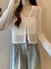 1pc Short Hollow Out Single Button Lightweight Mesh Knit Cardigan For Women, Thin Shawl Outerwear To Pair With Camisole Tops, Summer