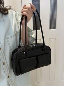 时尚简约纯色侧袋单肩包，适合购物、钱包、逛街、年轻女性、大学生、新人、白领人士。非常适合办公室、大学、工作、商务、通勤、户外活动、旅行和郊游。 - 黑色 - 查看 6