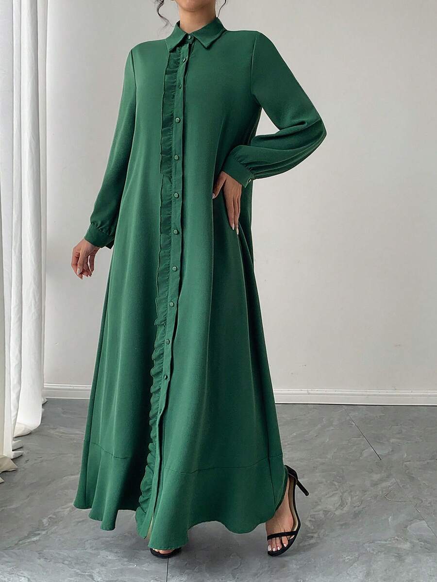 女士优雅休闲简约纽扣荷叶边宽松阿拉伯风连衣裙，适合日常休闲穿着，四季皆宜，春季款 - 墨綠色 - 查看 1