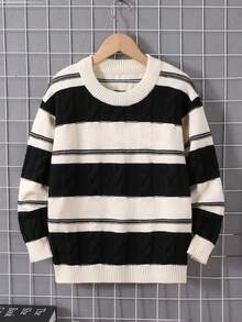 1 szt. Dziewczęcy sweter w paski, okrągły dekolt, długi rękaw, czarno-biały, trendy w modzie