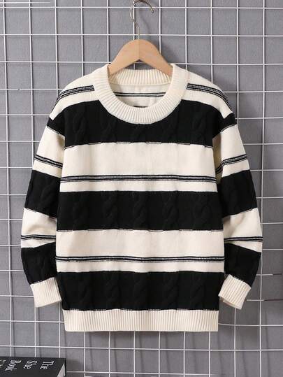 1 szt. Dziewczęcy sweter w paski, okrągły dekolt, długi rękaw, czarno-biały, trendy w modzie