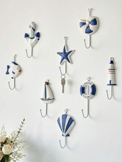 1pc Mediterranean Style Starfish & Sailboat Wall Hook, Suitable For Hanging Clothes, Headphones, Keys, Hats, Etc. Ocean Theme Home Decor Wall Mounted Hook