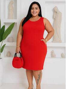 Plus Size Midi Dress With Waist And Modern Casual Shapewear - Đỏ - Xem 4