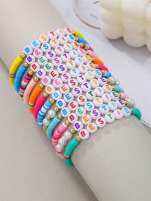 12pcs Colorful Letter Soft Clay Cute Girly Beaded Friendship Bracelet Set, Versatile, Random Colors, Suitable For Girls Daily Wear Or Gift To Best Friends - Multicolor - View 1