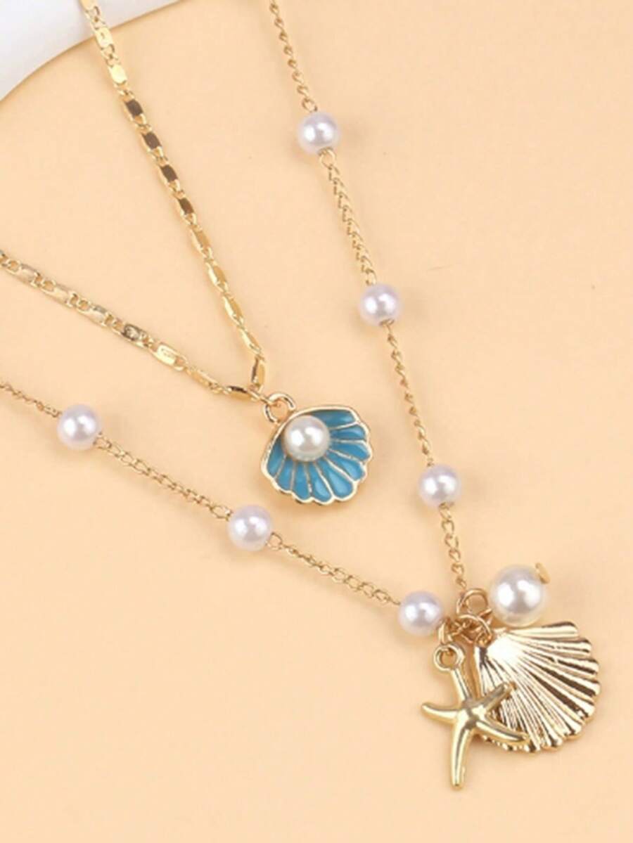 2 件套贝壳、人造珍珠、贝壳和海星项链套装，法国海岸风格 - 藍色 - 查看 1