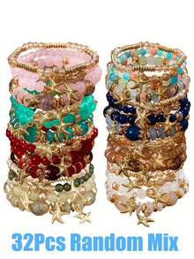 16/32Pcs Bohemian Ocean Style Stackable Handmade Sea Star Pendant Beaded Bracelet Set - For Women Vacation Travel Gift, Beach Party & Casual Daily Wear - Multicolor - View 10