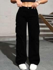 Zipper Fly Flap Pocket Side Boyfriend Cargo Jeans - Black - View 6