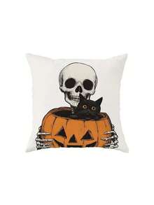 1/4 包万圣节抱枕套，骷髅和南瓜图案，可机洗，拉链开合，适用于沙发和客厅装饰 - 涤纶，无内衬，秋季装饰，房间装饰
