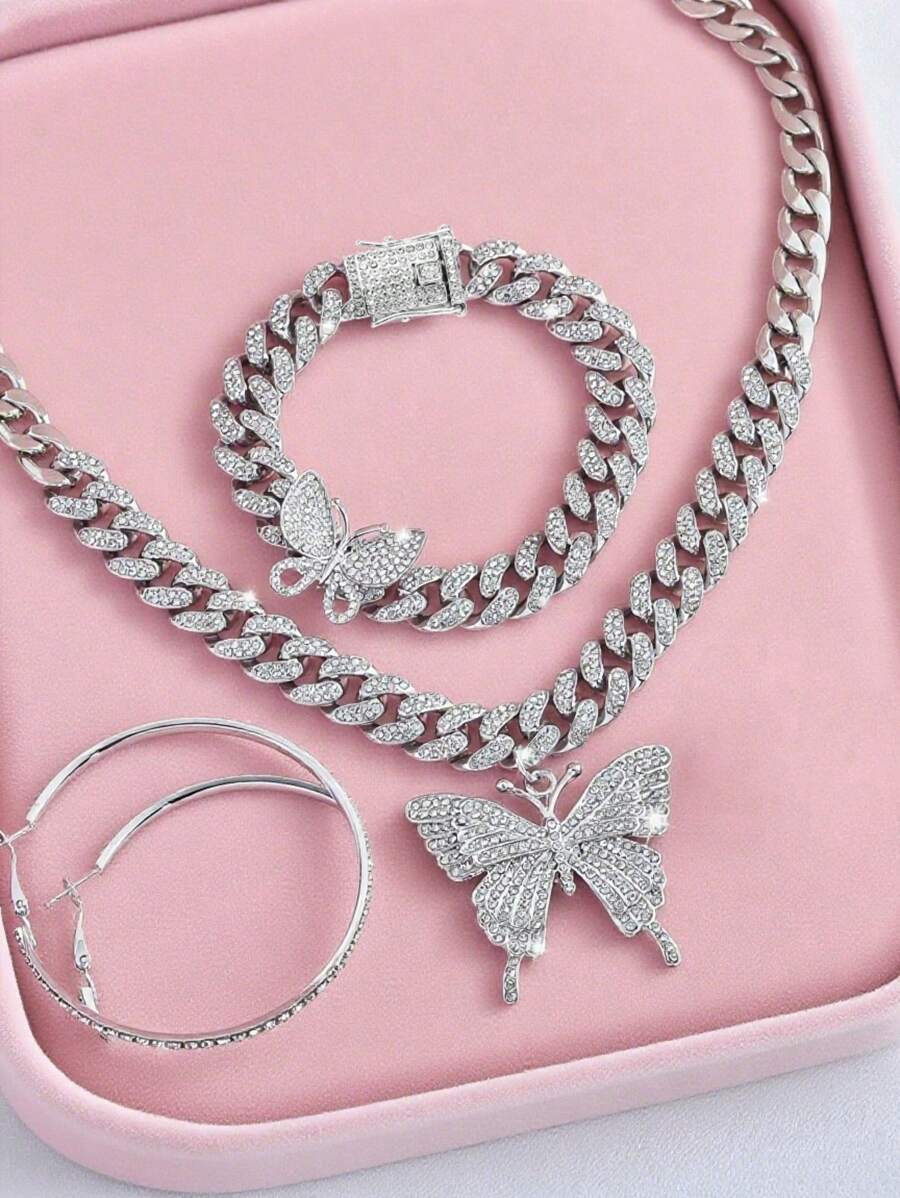 Butterfly Silver Necklace, Bracelet Or3 Pieces Y2K Jewelry Set With Earrings For Women – Elegant Charm Christmas Earrings Thanksgiving Christmas Jewelry For Women Christmas Decorations