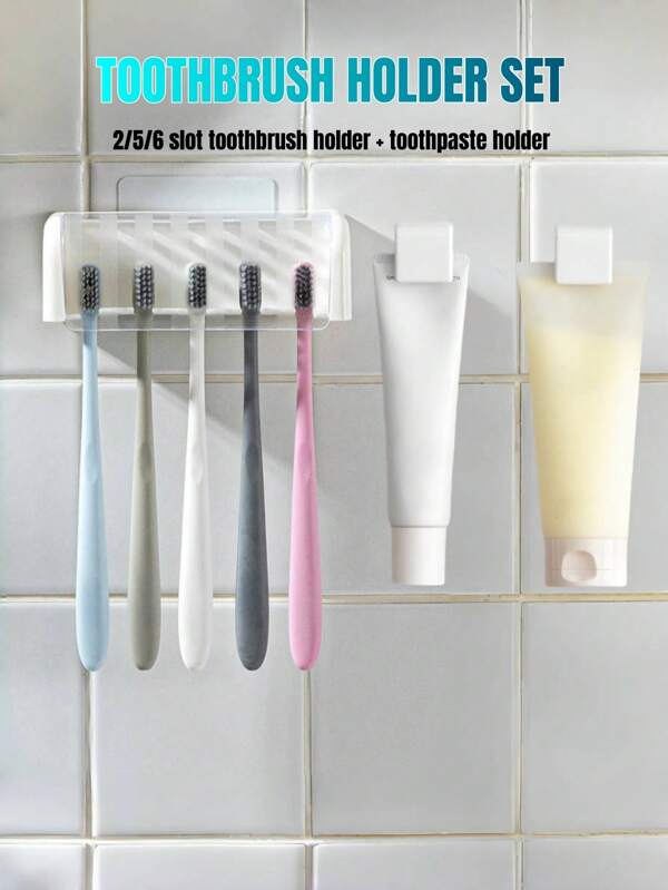 2pcs Punch-Free Wall-Mounted Toothbrush Holders Wall Mounted With Cover, Electric Tooth Brushing Holder For Bathroom,Toothpaste Storage Rack, 2/5/6 Slots Self Adhesive Toothbrush Organizer For Family,Bathroom Organizer Accessories (White)