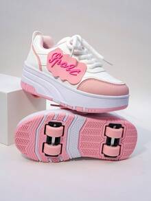 Kids Wheeled Skate Shoes, 4 Wheels Removable Dual-Use Athletic Sneakers, Lace-Up Heelys Roller Skate Shoes, Fashion Casual Shoes For Boys & Girls, Children Students - Pink - View 7