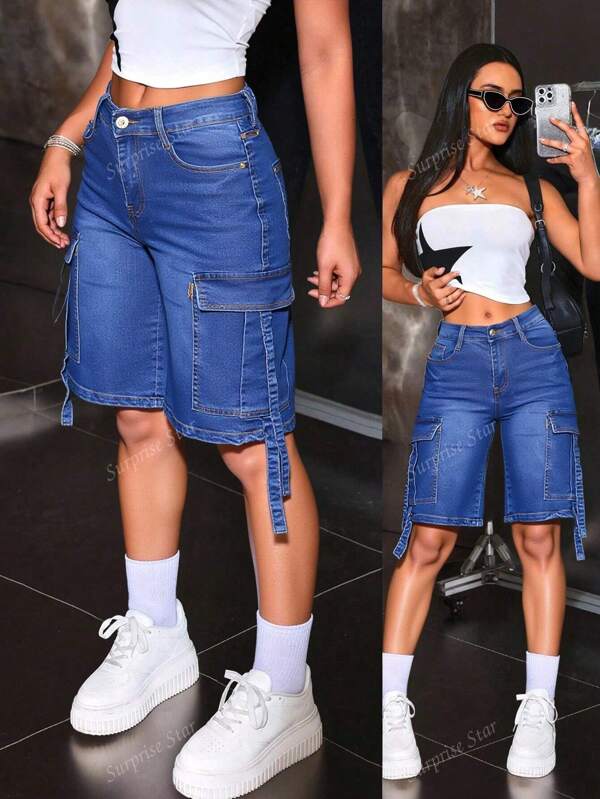 Bermudas cargo para mujer en denim azul, estilo moderno y versátil