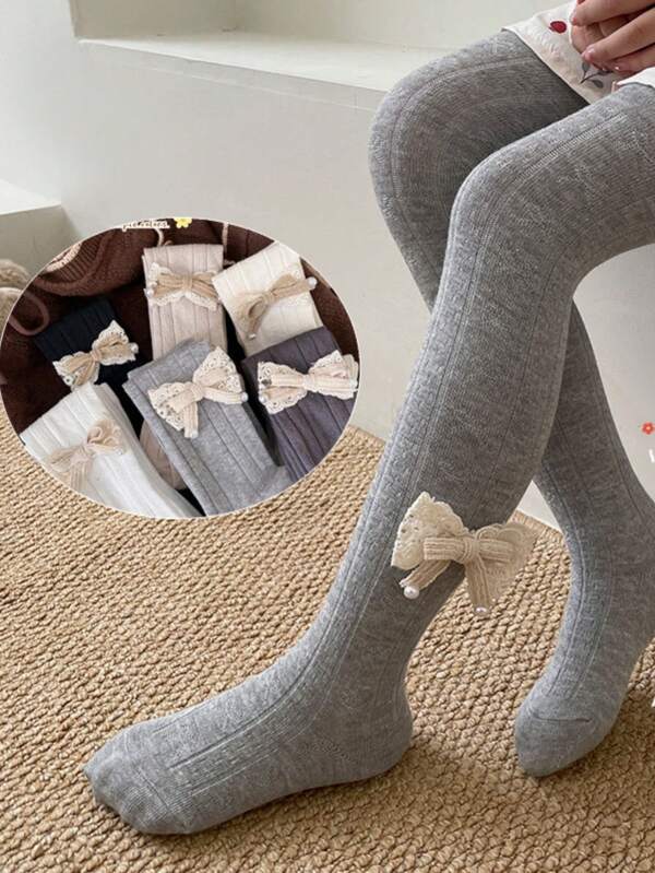 1pc Cute Bow Mesh Tights For Baby Girls & Toddler Girls, Casual Soft Breathable Comfortable