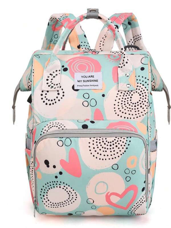 1pc Numeric Heart Print Decor Nylon Bag With USB, 7-Star Pocket, Wet & Dry Separation, Zipper Closure, Suitable For Moms Daily Use With Kids