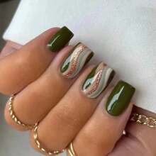 24PCS Green Glitter Wave Line Press-On Nails, Reusable, Minimalist Chic Design For Daily/Party Looks, 2025 Fashionable Nail Art (High-End Aesthetic, Easy Apply)