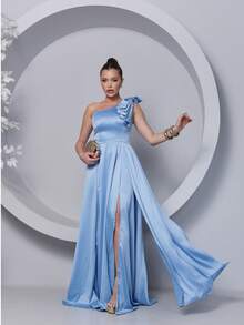 Long Dress For Bridesmaid – One Shoulder With Ruffle And Slit Elegant Simple Elegant Party Satin Side Opening Zipper Pleated Bridesmaid Civil Wedding Debutante Graduate Formal And Evening - 寧靜藍 - 查看 3