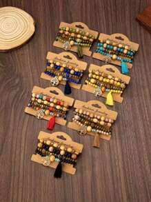 4pcs/Set Boho Style Wooden Life Tree Charm Bracelets, Elastic Rope Bangles For Daily Wear & Parties