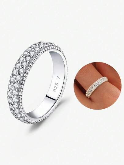 1 Stück 925 Sterling Silber Doppelreihen Volldiamant Ring, Damen Alltagstragen und Party Accessoire, hochwertiges Schmuckgeschenk