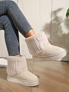 Girl's Thick Sole Thermal Lined Snow Boots, Warm Outdoor Anti-Slip Flat Boots With Knitted Cuff, Chunky Sole Winter Boots, Classic Mid-Calf Boots For Girls, Teens, Students