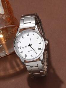 6件套时尚百搭女士石英表，圆形罗马数字表盘，金色钢表带，搭配心形水晶手链、项链、耳环和戒指，首饰套装，适合日常佩戴和节日装扮，也是一份贴心的礼物。 - 白色 - 查看 3