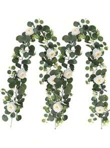 1pc Artificial Eucalyptus Garland With Flowers, White Roses Baby Breath Garland Floral Greenery Garland For Wedding Party Centerpiece Table Runner Backdrop Wall Decor Decoration Gifts Birthday Graduation