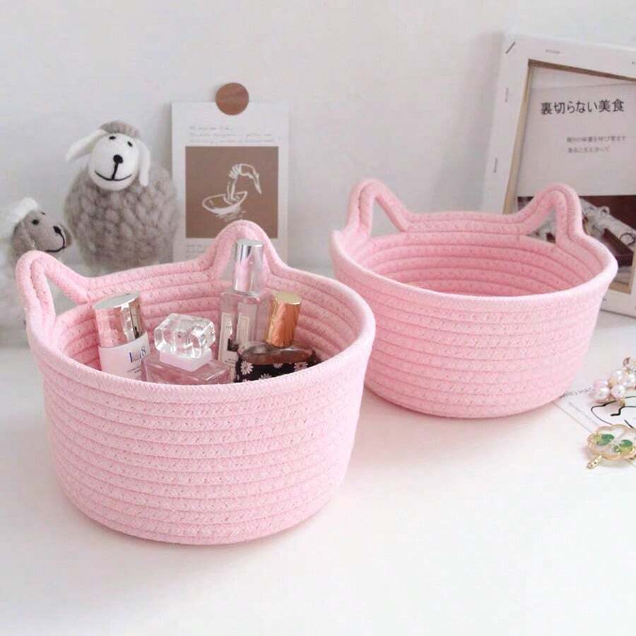 Handmade Woven Cat-Shaped Storage Basket, Desktop/Bedside Organizer Basket, Living Room/Bedroom Storage Bin - Pink - View 1