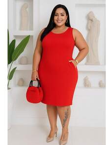 Plus Size Midi Dress With Waist And Modern Casual Shapewear - Đỏ - Xem 1