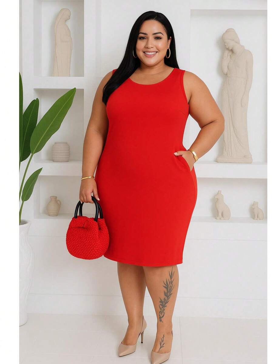 Plus Size Midi Dress With Waist And Modern Casual Shapewear - Đỏ - Xem 1