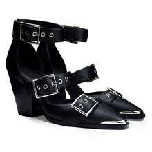 Western Chunky Sandals For Women Pointed Toe Block Heels Faux Leather Metal Buckle Strappy Pumps Ankle Strap Western Sandals - 黑色 - 查看 7