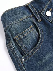 Vintage Wash Asymmetrical Waist Multi-Pocket Loose Fit Jeans For Girls