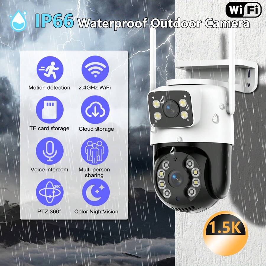 4MP+4MP HD Dual-Linsen Sicherheitskamera mit 360° Multi-Winkel-Ansicht, KI-Bewegungserkennung, wasserdichter Stromversorgung, WLAN-Konnektivität, Zwei-Wege-Audio und Mobil-App-Steuerung - Drahtlose Heim-Sicherheitsassistentin, Drahtlose Sicherheitskamera