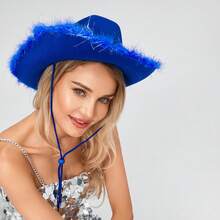 Womens Cowboy Hat, Adult Solid Color Furry Trim Wide Brim Hat Female Cap For Dating Party - Frayed Silver Blue - View 5