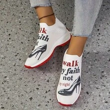Women's Breathable Knitted Mid-Top Sports Shoes, Equipped With Air-Cushioned EVA Soles, Eye-Catching "Walk By Faith" Pattern Prints And Color Decorations - All-Season Casual Shoes Suitable For Casual Outfits. - White and Red - View 5