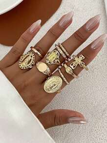 Gold Knuckle Rings Set For Women Virgin Mary Jesus Cross Ring Plain Cubic Zirconia Ring Adjustable Ring Set Religion Prayer Faith Jewelry Gift 10Pcs/Set