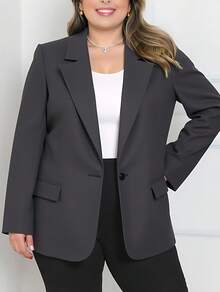 Zalla Women's Plus Size Blazer With Flap Pockets And Front Closure – Elegant Tailoring - 灰色 - 查看 1