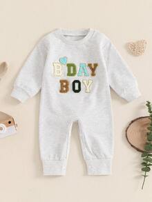 1st Birthday Outfit Baby Boy Girl Jumpsuit Cute Embroidery Long Sleeve Romper Bodysuit One Year Old Birthday Clothes - 灰色 - 查看 1