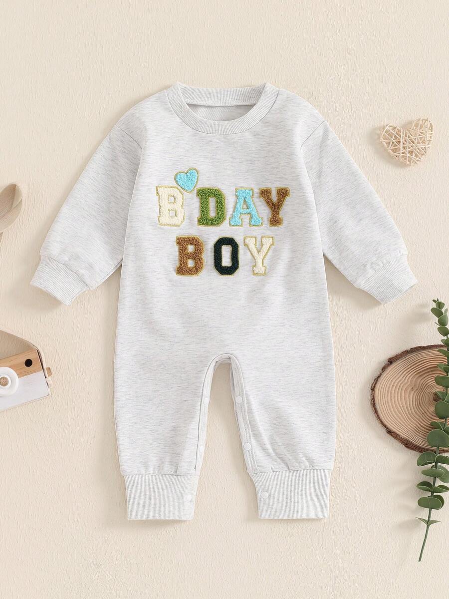 1st Birthday Outfit Baby Boy Girl Jumpsuit Cute Embroidery Long Sleeve Romper Bodysuit One Year Old Birthday Clothes - 灰色 - 查看 1