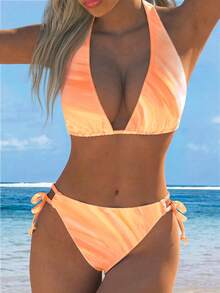 European And American Fashion Backless Bikini 2 Pieces Set, Pink Gradient Colorful Print Swimsuit, Summer Beach Essential - Orange - View 1
