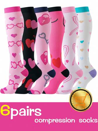 6 pares de calcetines de compresión con estampado de corazón para mujer, calcetines largos hasta la pantorrilla, calcetines altos para enfermeras, regalo para el Día de la Madre, San Valentín, Y2K, cálidos