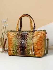 Classic Elegant Women's Bag Set,Fashionable Large Capacityr Bag Single Shoulder Bag,Crocodile Pattern Tote Bag,Light Luxury High-End Real Texture Crocodile Pattern Handbag - 6#黃+棕 - 查看 2