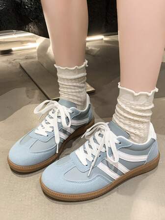 Women's Multifunction Color Block Solid Preppy Style Casual Shoes, Flat Non-Slip Lace-Up Round Toe Rubber Sole Casual Sneakers, Black & Khaki Color Block, Suitable For Daily Wear, Casual Shoes, Size 36-41, Fashion