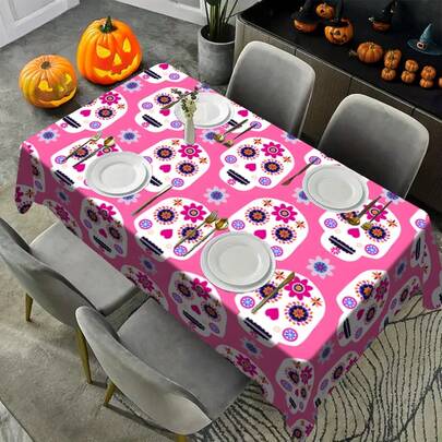 1/20 chiếc khăn trải bàn chủ đề Halloween, khăn trải bàn in hình đầu lâu màu hồng, khăn trải bàn bền chống trượt dễ chăm sóc, khăn trải bàn Ngày của người chết, khăn trải bàn polyester có thể giặt bằng máy, đồ trang trí Halloween, dùng cho ăn uống trong nhà và ngoài trời - Trang trí nhà ngày lễ
