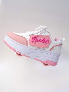 Kids Wheeled Skate Shoes, 4 Wheels Removable Dual-Use Athletic Sneakers, Lace-Up Heelys Roller Skate Shoes, Fashion Casual Shoes For Boys & Girls, Children Students - Pink - View 8