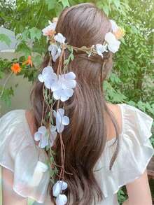 1pc Women Elegant White Vine Floral Crown, High Crown Pressure Headband, Braided Hair Accessory, Suitable For Wedding, Bride, Beach Vacation, Daily Outfit Ornament, Boho Style Decorative Hair Hoop, Hair Accessories ,Hairband For Women