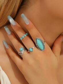 Bộ 5 chiếc nhẫn khảm ngọc lam giả cổ điển, nhẫn kim loại hợp kim kẽm có thể điều chỉnh dành cho nữ - Bộ nhẫn - Xem 9